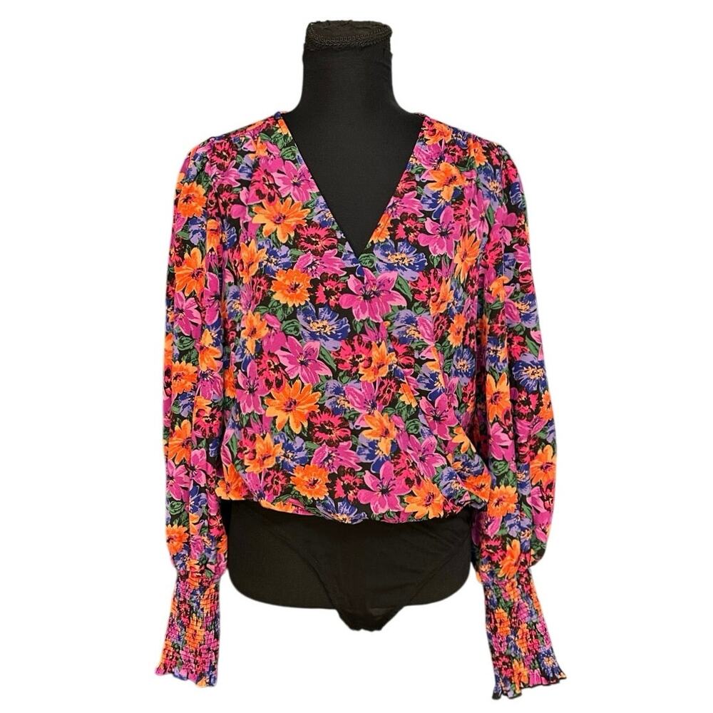 Entro Colorful Wrap Body Suit Size M V-Neck Long Sleeve Floral - Picture 1 of 10